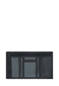 Portafoglio nero con una tasca con zip e multiple fessure per carte. Presenta un tessuto texturizzato, un interno grigio e cuciture rinforzate.