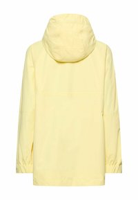 Tył jasnżółtej kurtki przeciwdeszczowej z kapturem, długimi rękawami i elastycznymi mankietami.