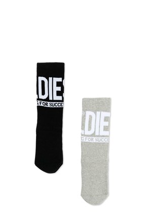 Paire de chaussettes montantes noires et grises avec lettrage blanc en gras lisant partiellement "DIES" et texte plus petit en dessous sur fond blanc.
