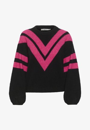 Melnā džemperis ar rozā un melnu izteiktu zīmējumu. Ar apjoma piedurknēm, maigu tekstūru un platajām svītrām uz piedurknēm.