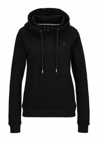 Zwarte hoodie van zacht materiaal, met een ruime voork pocket, trekkoord en een klein logo op de borst. Gestructureerde binnenvoering.