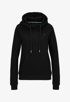 Schwarzer Hoodie aus weichem Stoff, mit einer geräumigen Fronttasche, Kordeln und einem kleinen Logo auf der Brust. Strukturierter Innenfutter.