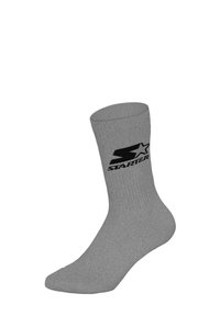 Szary bawełniany skarpeta za kostkę o fakturze żebrowanej, z czarnym logo "STARTER" z motywem gwiazdy. Prosty, trwały design, odpowiedni do codziennego noszenia.