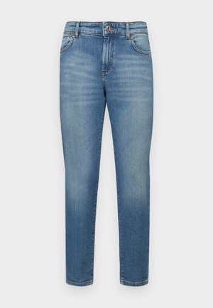 Heled blue jeans, mis on valmistatud denimist ja millel on sirge jalgade disain, esikotid ja nupuga sulgemine. Kangas on sile, veidi tuhm tekstuur.