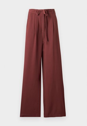 Pantalon taille haute à jambes larges de couleur rouille avec une ceinture en tissu nouée à la taille et passants de ceinture, présenté à plat sur un fond blanc.