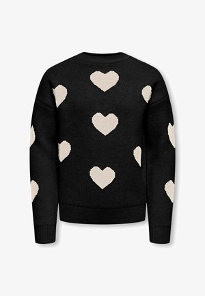Musta neulepaita, jossa useita isoja valkoisia sydänkuvioita tasaisesti sijoitettuna selkäosaan ja hihoihin.
