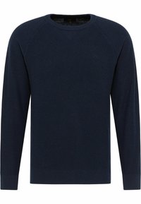 Pull en tricot bleu marine avec de longues manches raglan, col rond, tissu texturé et un logo discret sur la poitrine.