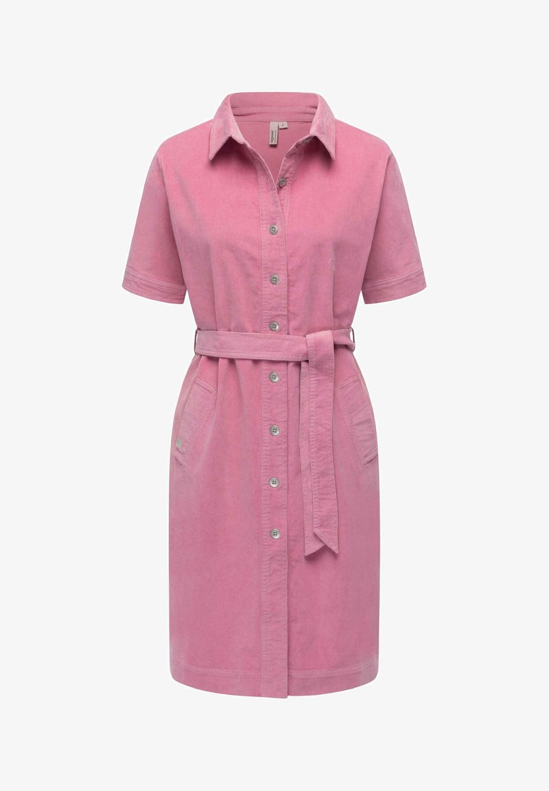 Vaaleanpunainen lyhythihainen paitamekko pehmeästä kankaasta, jossa on napillinen etuosa, vyötärösolki ja kaksi sivutaskua.