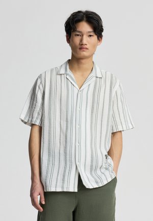 Giovane uomo con capelli neri che indossa una camicia bianca a maniche corte con strisce verticali grigie e pantaloni verde oliva, in piedi con una mano in tasca.