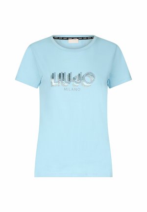 T-shirt azzurro chiaro a maniche corte in cotone, con logo in strass argentati "Liu Jo Milano" sul davanti. Design classico con scollatura a girocollo.