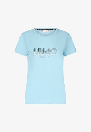 T-shirt azzurro chiaro a maniche corte in cotone, con logo in strass argentati "Liu Jo Milano" sul davanti. Design classico con scollatura a girocollo.