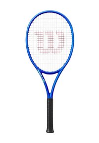 Blaues Tennisschläger mit rundem Kopf, weißen Saiten und einem roten "W"-Logo. Verfügt über einen schwarzen Griff und ein aerodynamisches Rahmen-Design.