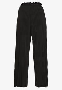Černé kalhoty s vysokým pasem, širokým střihem a vertikálními plisovanými detaily, s elastickým pasem.