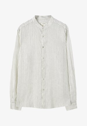 Weißes Hemd mit dünnen schwarzen vertikalen Streifen, Stehkragen und langen Ärmeln. Hergestellt aus leichtem Stoff mit glatter Textur.