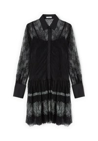 Schwarzes Spitzenkleid mit langen, durchsichtigen Ärmeln, einer Knopfleiste und einem Kragen. Verfügt über einen gestuften Rock mit Spitze-Details und einfarbigen schwarzen Akzenten.