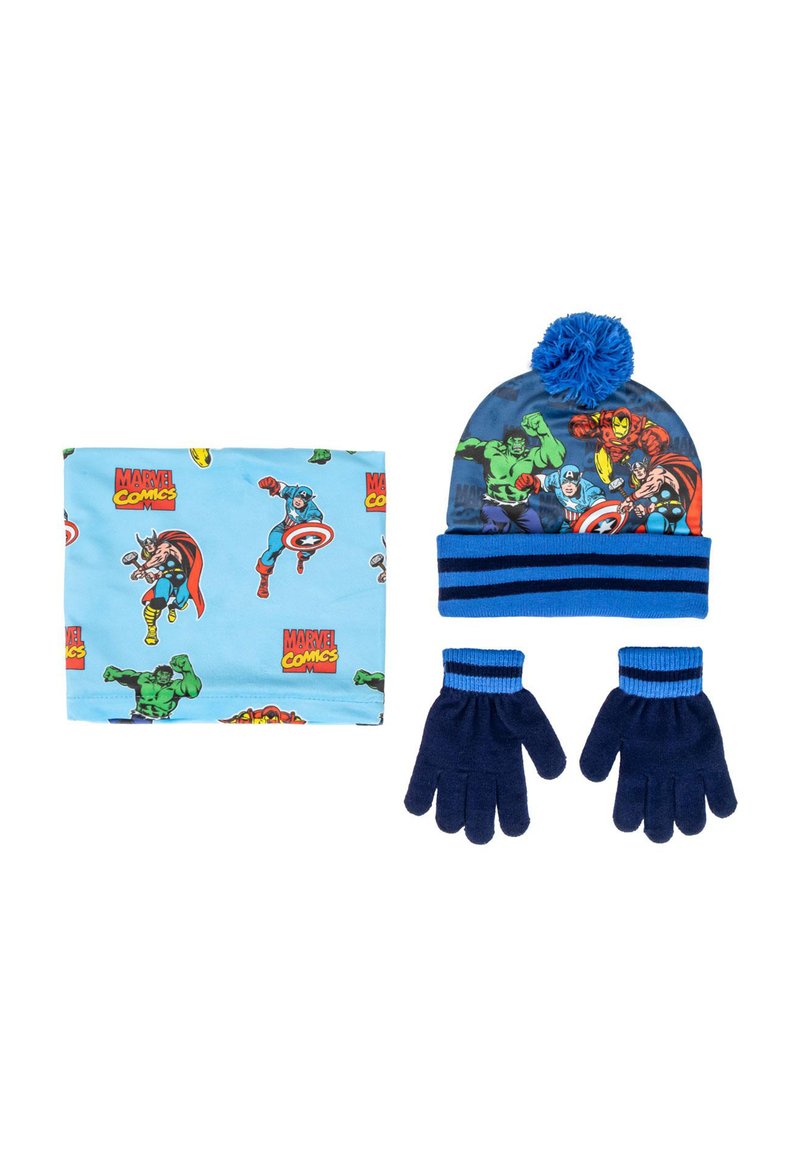 Mütze, Schal und Handschuhe Set mit blauen und schwarzen Farben, Superhelden-Mustern, weichem Stoff und einem Pompon-Akzent auf der Mütze.
