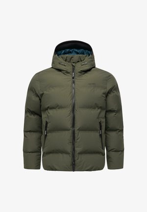 Grön puffjacka med zip fram, dragsko för huvan och två dragkedjefickor på sidorna. Vadderad design med en slät yta.