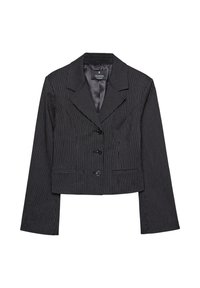 Sort og grå stribet cropped blazer med slagkrave, tre knapper og to forlommer; lavet af glat stof.