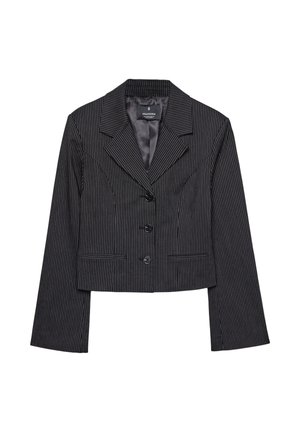 Blazer court rayé noir et gris avec un revers cranté, trois boutons et deux poches avant ; fabriqué en tissu lisse.