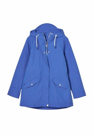 Blaue wasserdichte Jacke mit Kapuze, Reißverschluss, zwei Fronttaschen und Kordelzügen. Glatte Textur, lockere Passform und mittellanges Design.