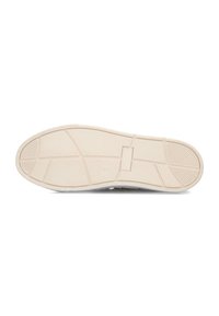 Suela de zapatilla deportiva de goma texturizada en color blanco roto con un centro liso y bordes estampados. Presenta surcos para mejorar la tracción. Talla 42 impresa cerca del talón.