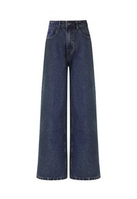 Jeans de denim azul oscuro de pierna ancha con una cintura alta. Cuenta con dos bolsillos frontales y un acabado limpio en el dobladillo. Incluye presillas estándar para cinturón.