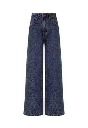 Wide-leg dark blue denim jeans with a high waist. Features two front pockets and a clean finish along the hem. Standard belt loops included.