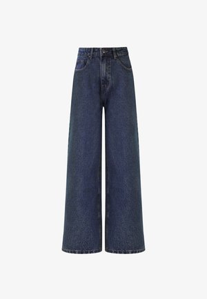 Wide-leg dark blue denim jeans with a high waist. Features two front pockets and a clean finish along the hem. Standard belt loops included.