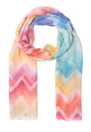 Écharpe légère avec motif chevron multicolore en nuances de rose, orange, jaune, bleu et vert, bouclée de manière lâche.