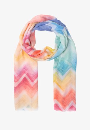 Leichter Schal mit mehrfarbigem Chevron-Muster in Pink-, Orange-, Gelb-, Blau- und Grüntönen, locker geschlungen.