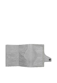 Silver leather wallet with a textured surface, multiple card slots, and a snap closure. Features a smooth, contrasting central section.