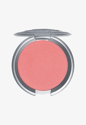 Kompakter Rouge mit einer glatten, matten Textur in einem sanften Rosaton. Verfügt über eine runde Pfanne und ein silbernes, reflektierendes Gehäuse mit geprägten Details.