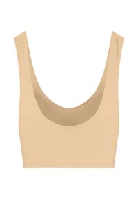 Sömlös beige sport-bh med breda axelband och djup scoop-urringning.