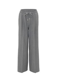 Gray wide-leg trousers made from a textured fabric, featuring an elastic waistband with a drawstring and front pleats.