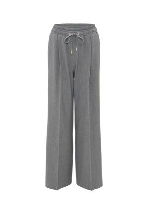 Pantaloni grigi a gamba larga realizzati in un tessuto testurizzato, con un elastico in vita corredato di coulisse e pieghe frontali.