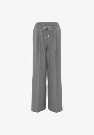 Pantaloni grigi a gamba larga realizzati in un tessuto testurizzato, con un elastico in vita corredato di coulisse e pieghe frontali.