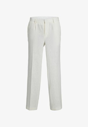 Pantaloni albi din in cu un design drept, având pliuri în față, buzunare laterale și o textură netedă. Material confortabil și ușor.