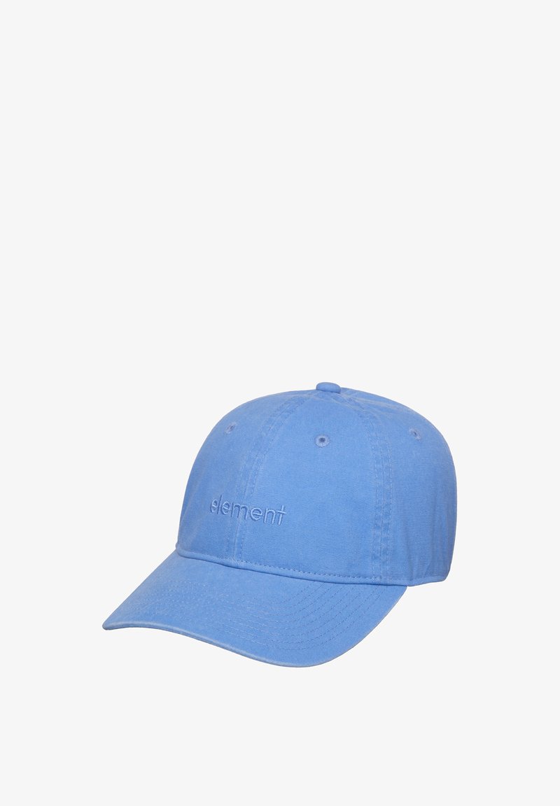 Lichtblauwe katoenen honkbalpet met een geborduurd logo aan de voorkant, zes ventilatiegaatjes en een gebogen klep.