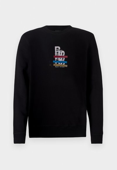 Sweatshirt noir à manches longues, col rond, avec un graphique rayé multicolore et un design de zèbre sur le devant.