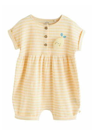 Kollase triibulise mustriga beebidele mõeldud kombekas lühikeste varrukatega, kolme nupuga ees ning sidrunimustriga rinnal. Pehme kangas, kummiga talje.