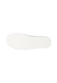 Semelle de chaussure blanche avec motif de traction ondulé et zones texturées à l'avant et au talon sur fond blanc uni.