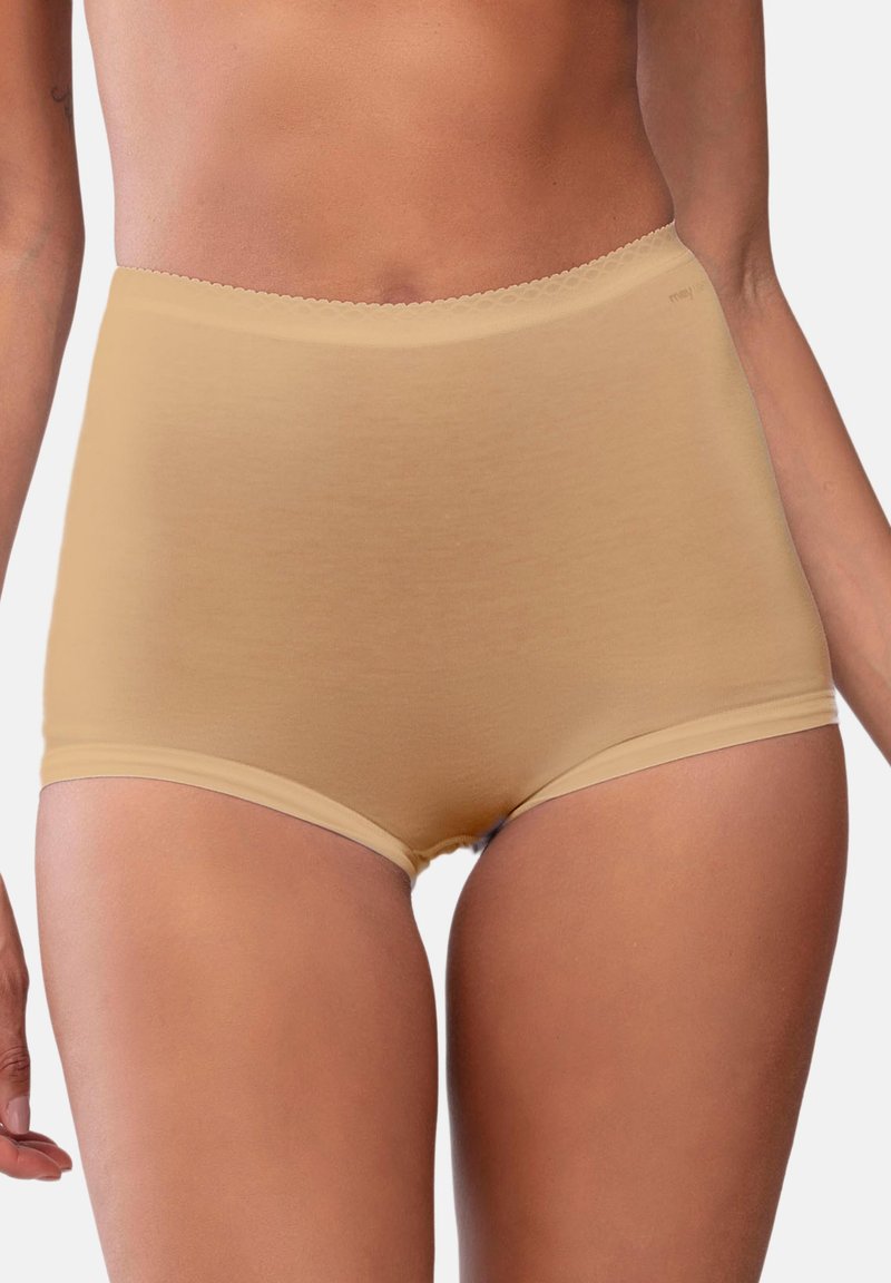 Beige korkeavyötäröinen alushousu, jossa on sileä ja pehmeä pinta sekä uurrettu vyötäröreuna, suunniteltu mukavuutta ja peittävyyttä silmällä pitäen.