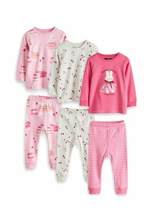 Three sets of toddler pajamas in pink and white with bunny and cherry patterns, including tops and matching leggings.