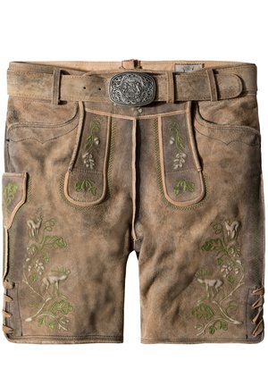 Braune Lederhosen mit grünen gestickten Blumen- und Tiermotiven, ausgestattet mit einem breiten Taillenbund und einer silbernen dekorativen Gürtelschnalle.