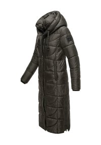 Insulated long puffer coat in dark green with a hood, featuring quilted design, zip closure, and side pockets. Textured, shiny finish.