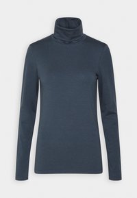 Marinblå turtleneck långärmad tröja tillverkad av mjukt material med en figurnära design och en rullad halsringning. Enkel, utan dekorationer, mönster eller accenter.