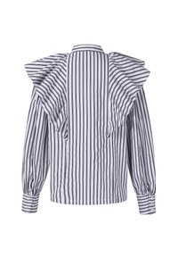 Witte blouse met verticale zwarte strepen, lange pofmouwen, knoopmanchetten en een grote ruchedetail op de bovenrug en schouders.
