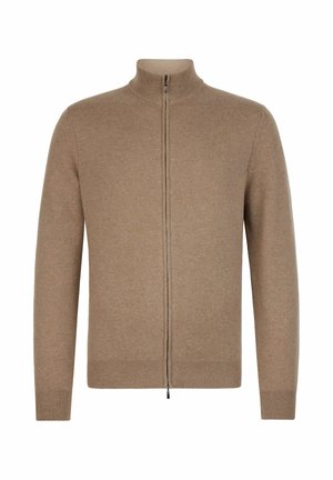 Brun heldragare i ull med ribbade ärmar, fåll och krage, med hög hals och en tvåvägs dragkedja.