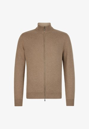 Brun uldtrøje med fuld lynlås, ribbet ved håndled, kant og krave, med en høj hals og tovejs lynlås.