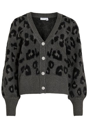 Šedý kardigán s leopardím vzorom, s véčkovým výstrihom, rebrovanými manžetami a lemom. Obsahuje päť lesklých gombíkov a mäkkú, štruktúrovanú tkaninu.